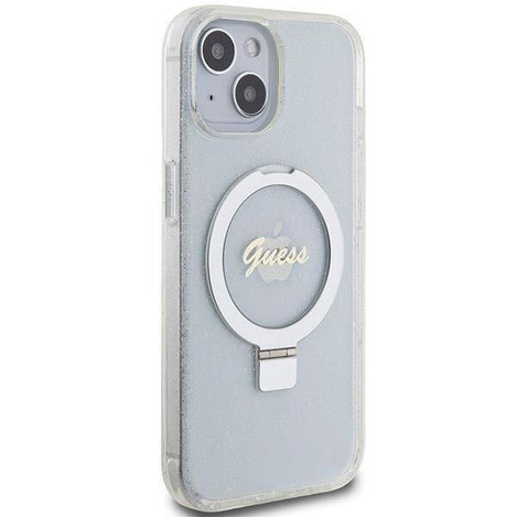 Original Handyhülle IPHONE 13 / 14 / 15 Guess Hardcase Ring Stand Script Glitter MagSafe (GUHMP15SHRSGSD) transparent