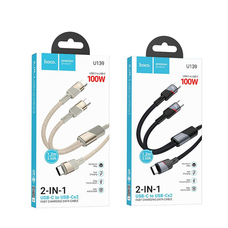 Kabel 2w1 USB C do USB C / USB C Hoco 5A 100W 1,2 m U139 złoty