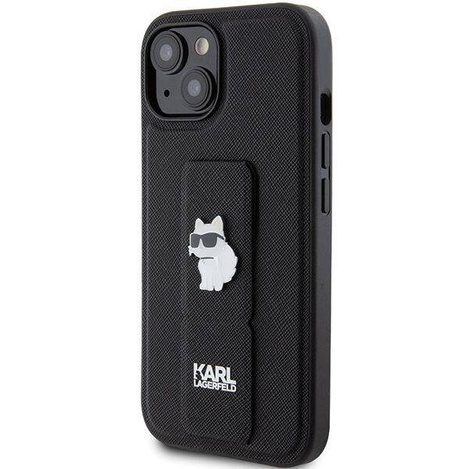 Karl Lagerfeld Gripstand Saffiano Choupette Pins Hülle für iPhone 15 Plus / 14 Plus – Schwarz