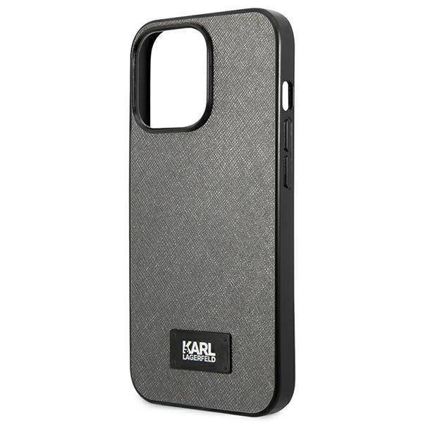 Original Handyhülle IPHONE 13 PRO Karl Lagerfeld Hardcase Saffiano Plaque (KLHCP13LSFMP2DG) silber