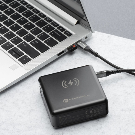 Wielofunkcyjna ładowarka Forcell F-Energy 6w1 USB A + USB C PD 45W + power bank 15000 mAh + ładowanie bezprzewodowe 15W czarna