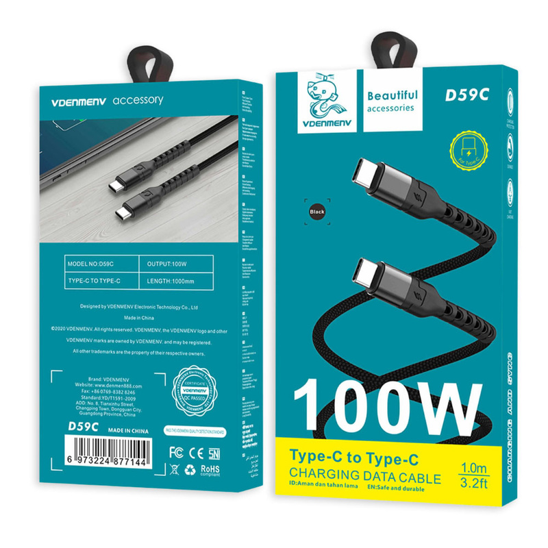 DENMEN KABEL USB TYP-C DO TYP-C  CZARNY 5A 100w D59C-B