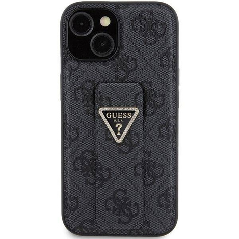 Guess Grip Stand 4G Triangle Strass Hülle für iPhone 15 – Schwarz