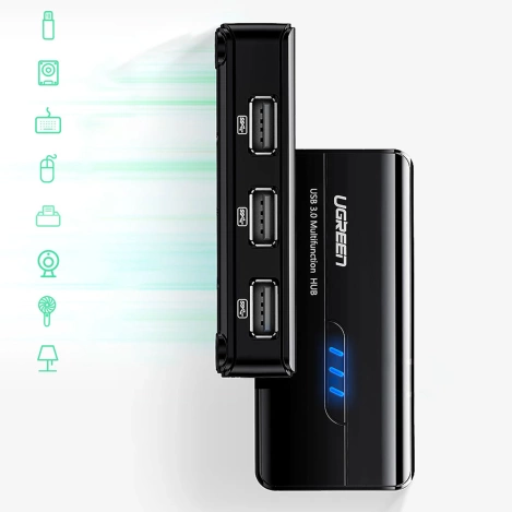 Ugreen 20264 RJ45 / USB-A 10/100Mbps HUB Netzwerkadapter 3x USB-A 2.0 - Schwarz