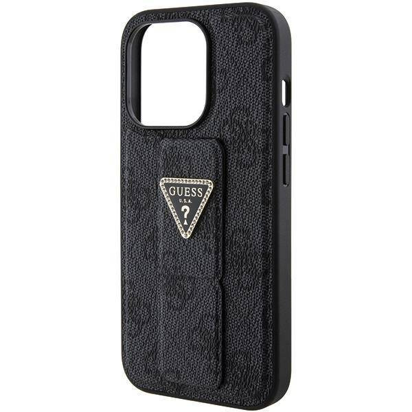 Guess Grip Stand 4G Triangle Strass Hülle für iPhone 15 Pro Max - Schwarz