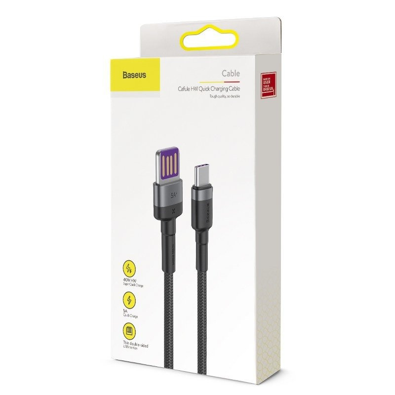 Baseus Cafule kabel przewód USB Typ C SuperCharge 40W Quick Charge 3.0 QC 3.0 1m szaro-czarny (CATKLF-PG1)