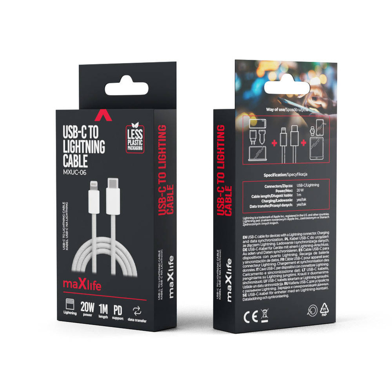 Maxlife kabel MXUC-06 USB-C - Lightning 1,0 m 20W szary nylonowy