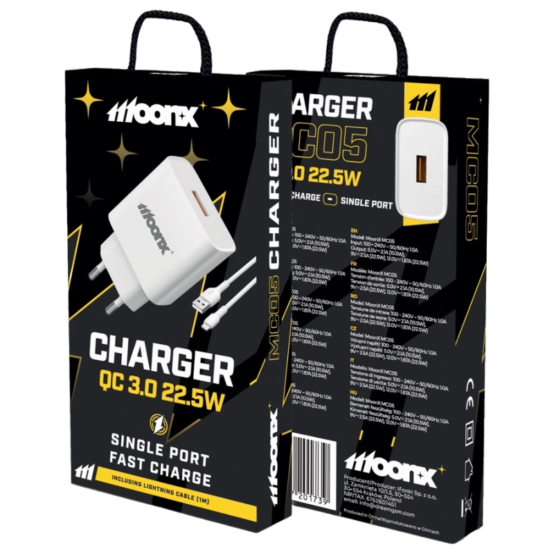 MOONX Netz-Ladegerät MC05 22,5W 1xUSB QC3.0 + Kabel Lightning weiss
