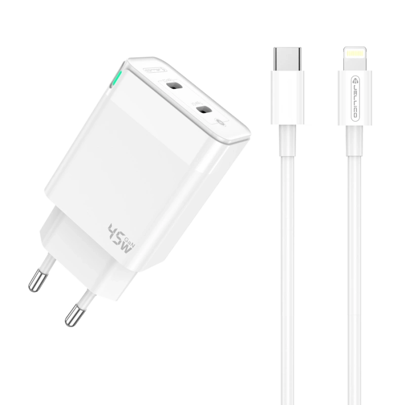 JELLICO ładowarka sieciowa C106 GaN PD 45W 2xUSB-C + kabel USB-C - Lightning Biały
