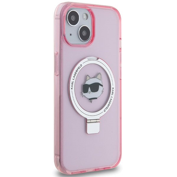 Karl Lagerfeld KLHMP15SHMRSCHP iPhone 15 6,1" rosa/rosa Hardcase Ringständer Choupette Head MagSafe