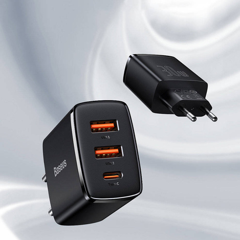 Baseus Compact szybka ładowarka sieciowa 2x USB / USB Typ C 30W 3A Power Delivery Quick Charge biały (CCXJ-E02)