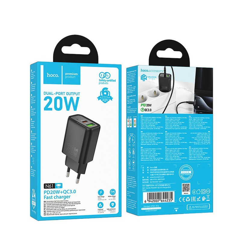 HOCO ładowarka sieciowa USB A + Typ C PD QC3.0 3A 20W N61 czarna