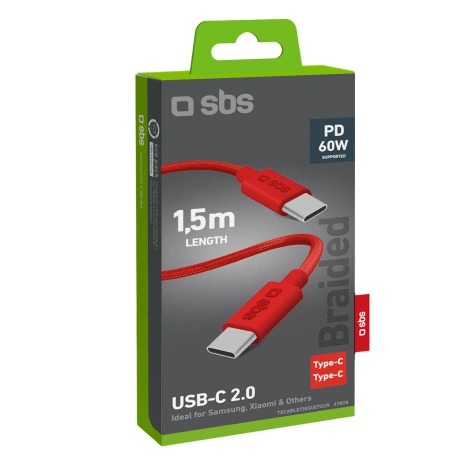 Kabel SBS TECABLETISSUETCCR USB-C - USB-C 1,5m 60 W w oplocie - czerwony