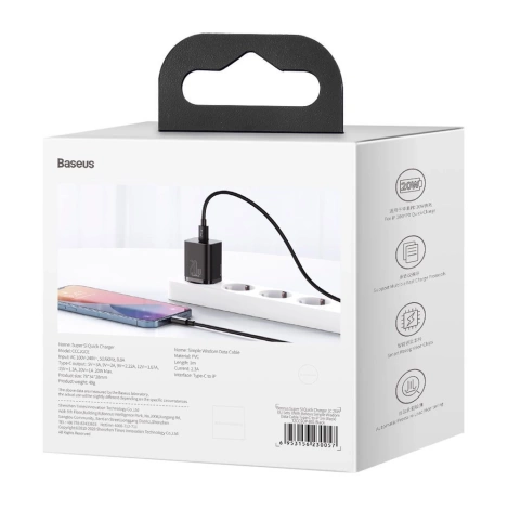 Baseus Super Si 1C szybka ładowarka USB Typ C 20 W Power Delivery + kabel USB Typ C - Lightning 1 m czarny (TZCCSUP-B01)