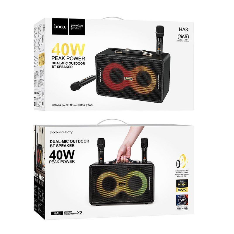 HOCO zestaw karaoke bezprzewodowy głośnik + 2 x bezprzewodowy mikrofon LED 40W HA8 czarny