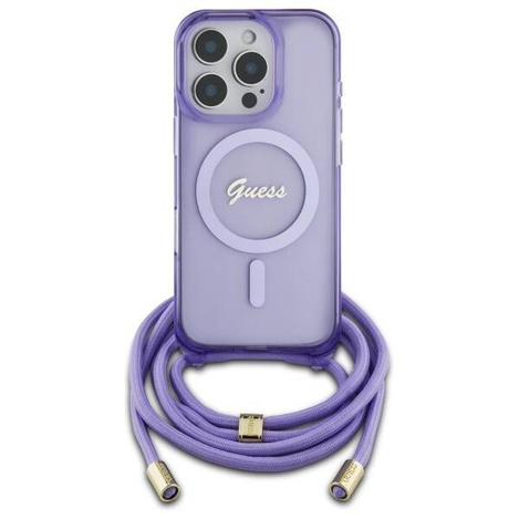 Original Case IPHONE 16 PRO MAX Guess Hardcase Crossbody Cord Script MagSafe (GUHMP16XHCTSGNSU) purple