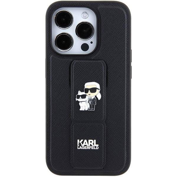 Karl Lagerfeld Gripstand Saffiano Karl&Choupette Pins Hülle für iPhone 15 Pro Max – Schwarz