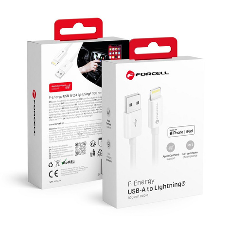 FORCELL kabel USB A do Lightning 8-pin MFi 2,4A/5V 12W C703 1m biały