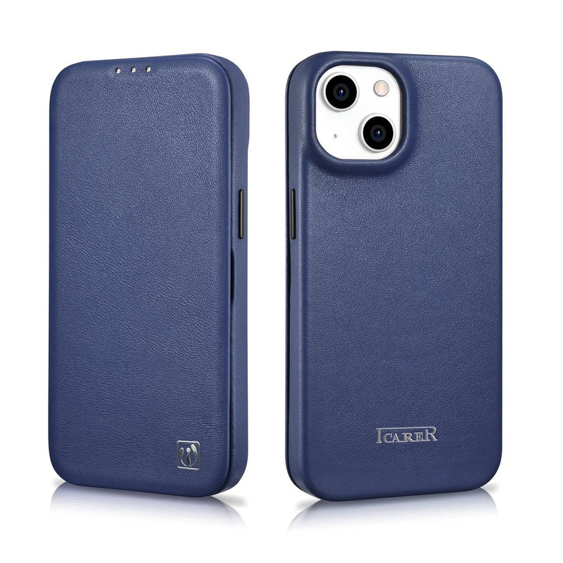 iCarer CE Premium Leather Folio Case skórzane etui iPhone 14 Plus z klapką magnetyczne MagSafe niebieski (WMI14220715-BU)