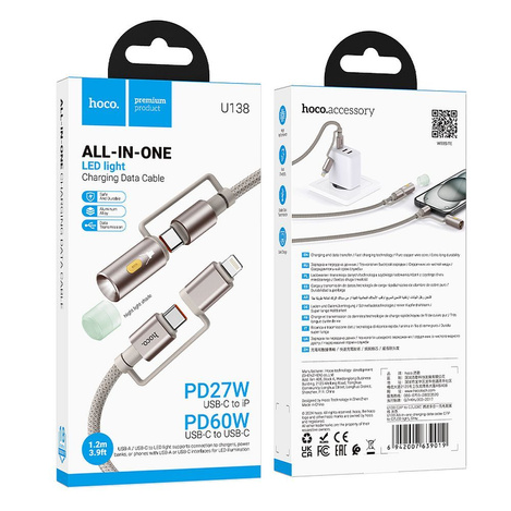 HOCO kabel All-in-one Typ C / Lightning do Typ C / LED Light PD 3A 60W U138 1,2 m szary