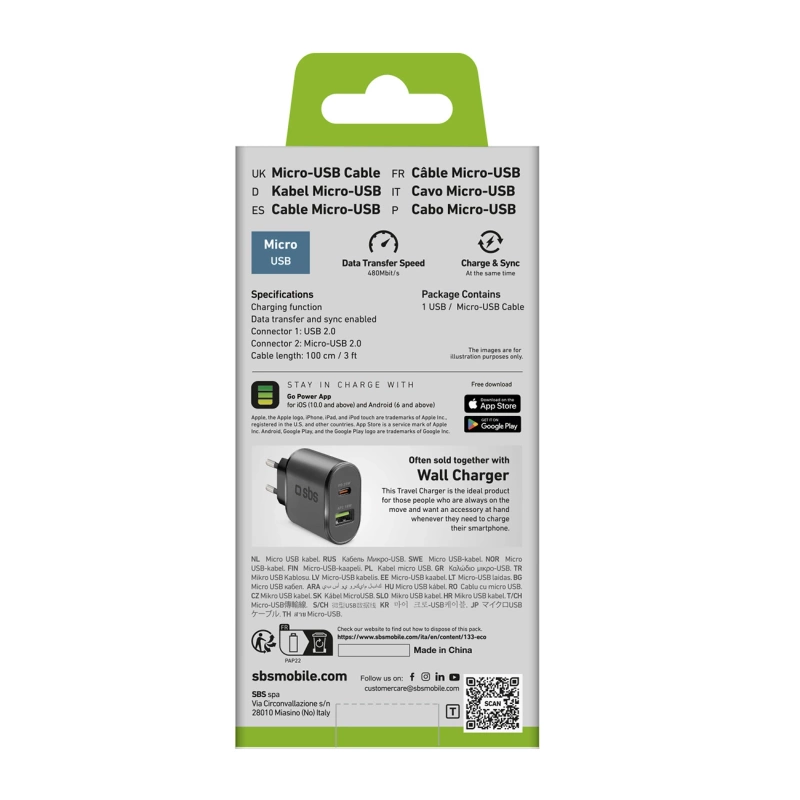 SBS LTHL200 USB-A - Micro-USB Cable 1m - Black