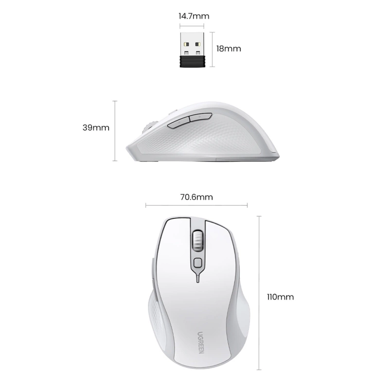 Ugreen MU101 ergonomische kabellose Maus Bluetooth / 2,4 GHz – Weiß
