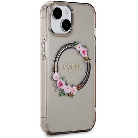 Guess IML Flowers Wreath MagSafe Hülle für iPhone 15 / 14 / 13 – Schwarz