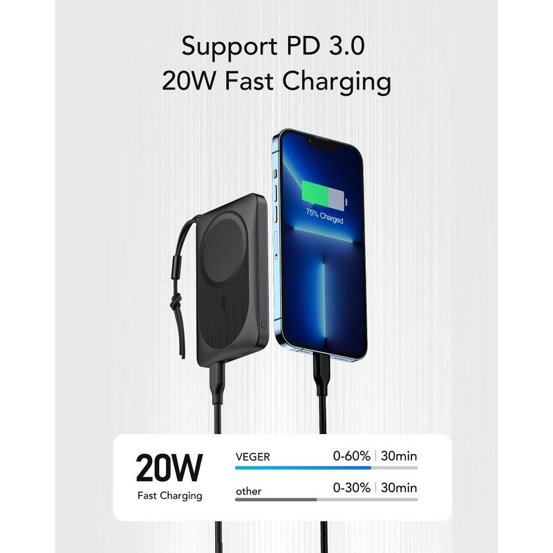 VEGER powerbank 10000 mAh z ładowaniem indukcyjnym kompatybilny z MagSafe PD QC3.0 2A 20W MagOn (VP1151 / W1151) czarny