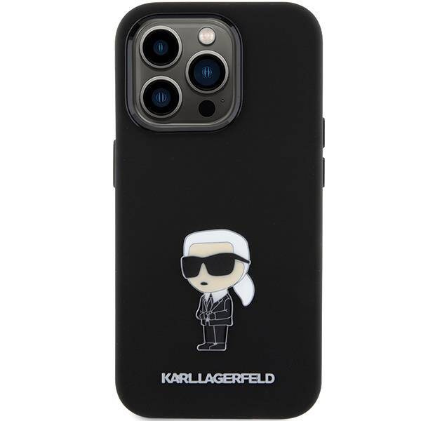 Karl Lagerfeld Silikon Ikonik Metal Pin Hülle für iPhone 15 Pro – Schwarz