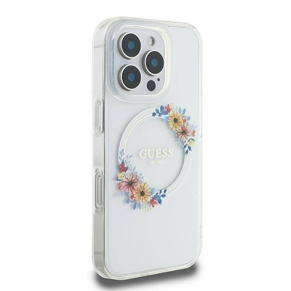 Original Case IPHONE 16 PRO Guess Hardcase IML Flowers Wreath MagSafe (GUHMP16LHFWFCT) transparent