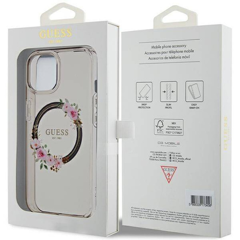 Guess IML Flowers Wreath MagSafe Hülle für iPhone 15 / 14 / 13 – Schwarz