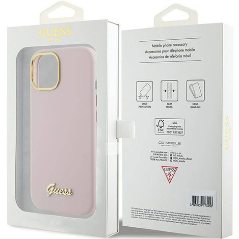 Guess Silicone Script Metal Logo & Frame case for iPhone 15 - pink