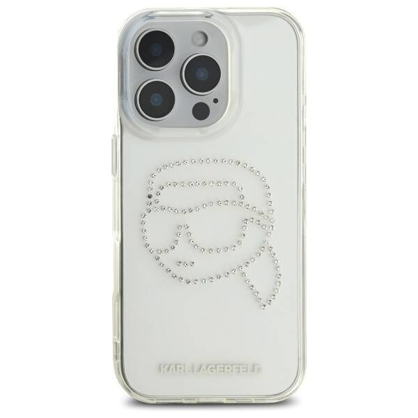 Original Case IPHONE 16 PRO MAX Karl Lagerfeld Hardcase IML Rhinestones Karl Head (KLHCP16XHKHDCELT) transparent