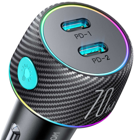Autoladegerät 2x USB C 70W mit LED-Hintergrundbeleuchtung Joyroom JR-CCN02 | Schwarz