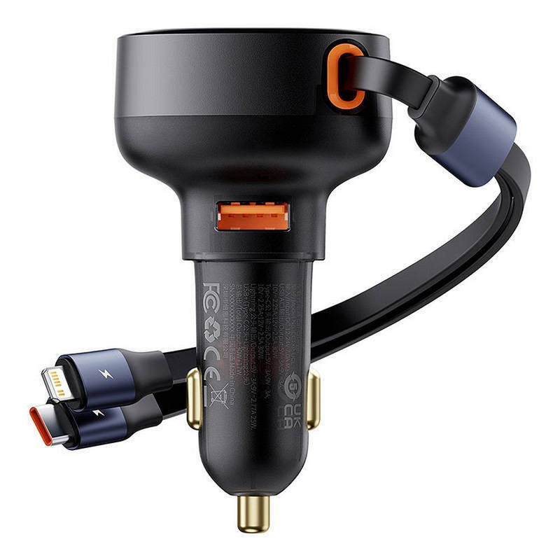 Baseus Enjoyment USB-A-Autoladegerät mit USB-C/ Lightning -60-W-Kabel – Schwarz