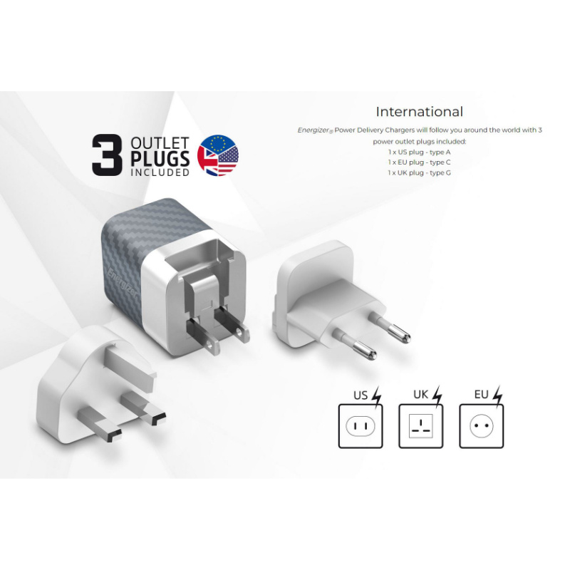 Energizer Ultimate - Ładowarka sieciowa Multiplug EU / UK / US GaN USB-C & USB-A 38W PD + QC3.0 (Srebrny)