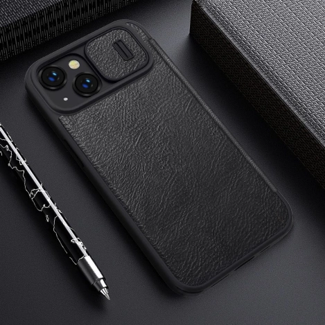 Nillkin Qin Leather Pro Case etui iPhone 14 Plus osłona na aparat kabura pokrowiec obudowa z klapką brązowy