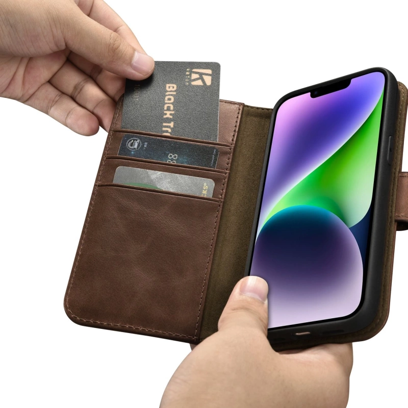 iCarer Oil Wax Wallet Case 2in1 Case iPhone 14 Leder Flip Cover Anti-RFID braun (WMI14220721-BN)