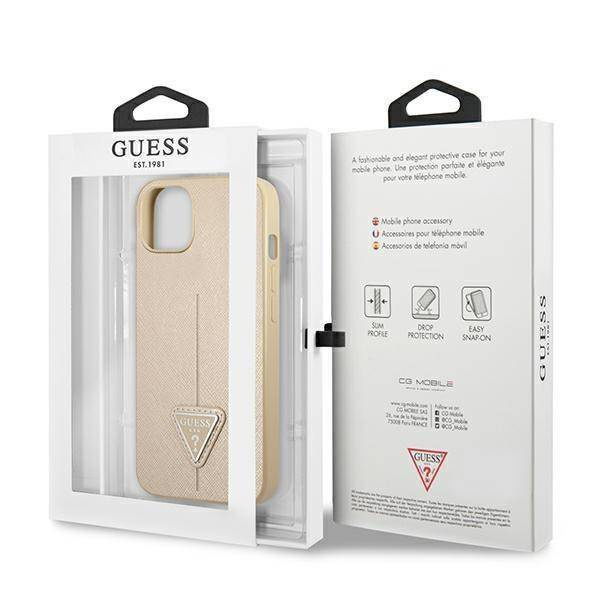 Original Handyhülle IPHONE 14 Guess Hardcase Saffianotriangle Logo (GUHCP14SPSATLE) beige