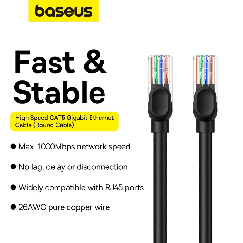 Baseus High Speed ​​​​Cat 5 RJ-45 1000 Mbit/s Ethernet-Kabel 5 m rund – Schwarz