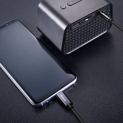 Baseus kabel audio stereo przejścióka AUX 3,5 mm mini jack - USB Typ C do telefonu tabletu 120cm czarny (CAM01-01)