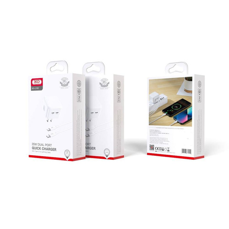 XO ładowarka sieciowa L102 PD 35W 2x USB-C biała + kabel USB-C - Lightning
