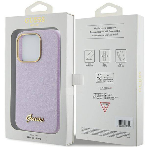 Etui Guess Glitter Glossy Script do iPhone 15 Pro - liliowe