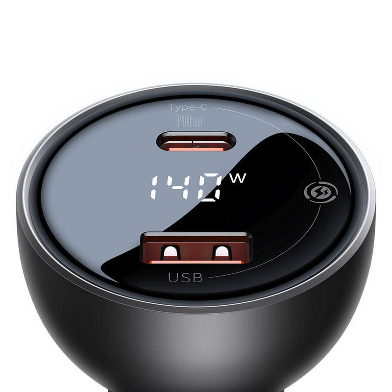 BASEUS ładowarka samochodowa Digital Display Dual USB + Typ-C 140W (z kablem Typ-C do Typ-C 240W 1m Czarny)