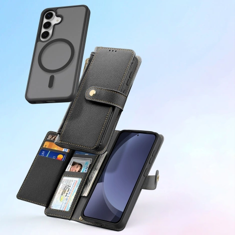 Dux Ducis Lawa Lederhülle für Samsung Galaxy S25+ mit abnehmbarer magnetischer Brieftasche – Schwarz