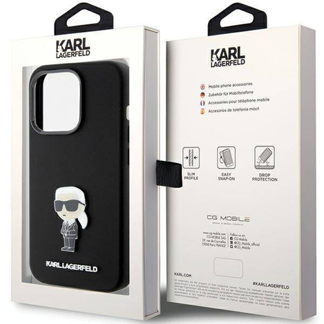 Karl Lagerfeld Silikon Ikonik Metal Pin Hülle für iPhone 15 Pro – Schwarz
