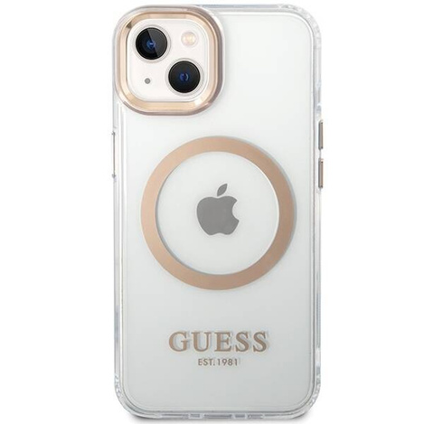 Original Handyhülle IPHONE 14 PLUS / 15 PLUS Guess Hard Case Metal Outline Magsafe gold