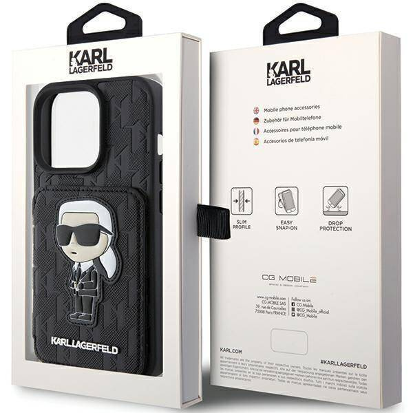 Karl Lagerfeld nakładka do iPhone 15 Pro 6,1&quot; KLHCP15LSAKKNSCK czarna hardcase Saffiano Cardslots and Stand Monogram Ikonik Patch