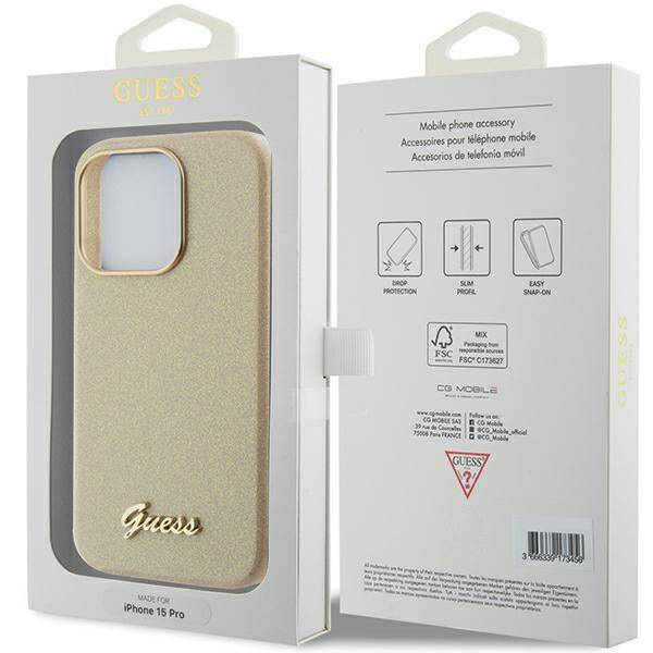 Guess Glitter Glossy Script Hülle für iPhone 15 Pro – Gold
