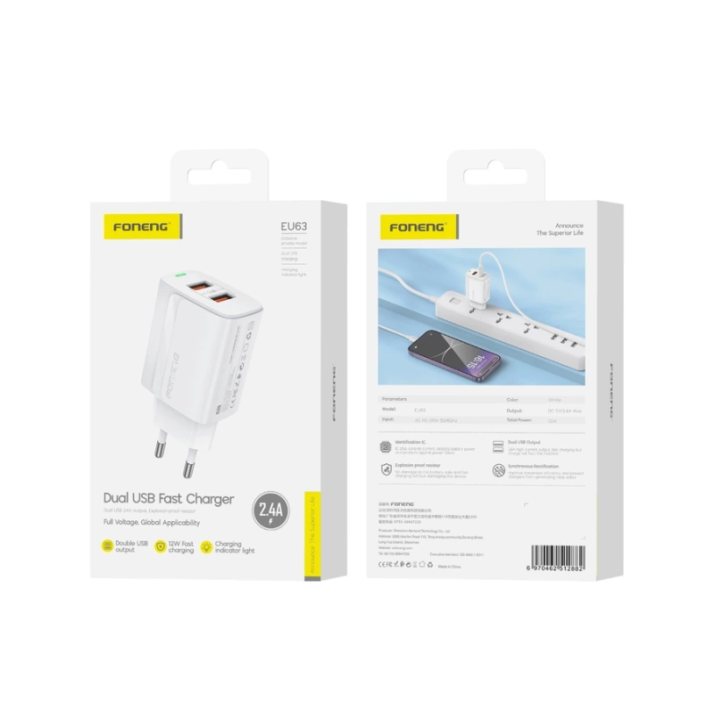 FONENG ładowarka sieciowa EU63 2.4A 12W 2xUSB Biały